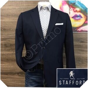 STAFFORD Mens Navy Blazer Sport Coat Casual Jacket Size 44R Classic Wool‎ Suit